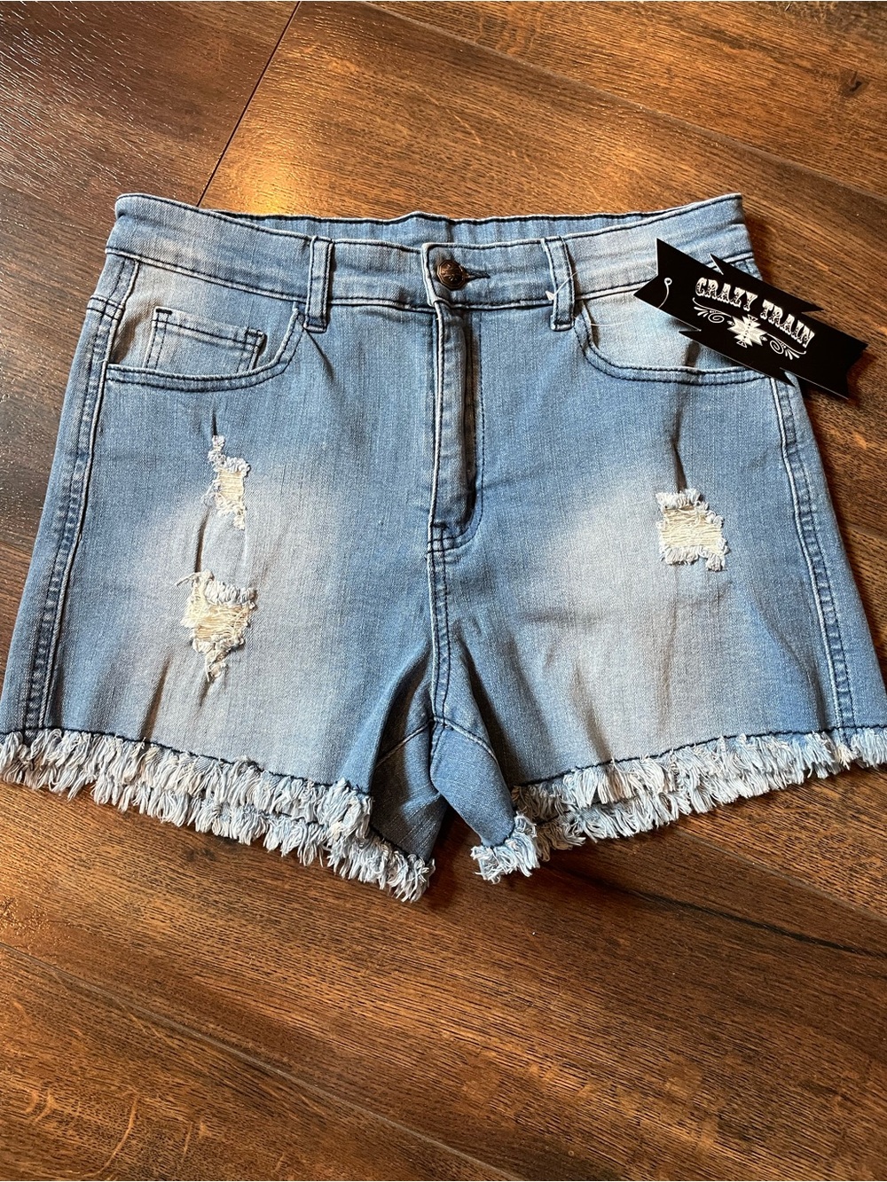 Crazy Train Light Wash Distressed Frayed Denim Shorts Size Large STRETCH!!